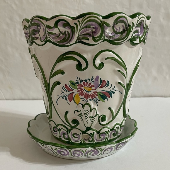 Vintage RCCL Portugal Hand Painted Floral Ceramic Green On White Flower Pot - Picture 3 of 13